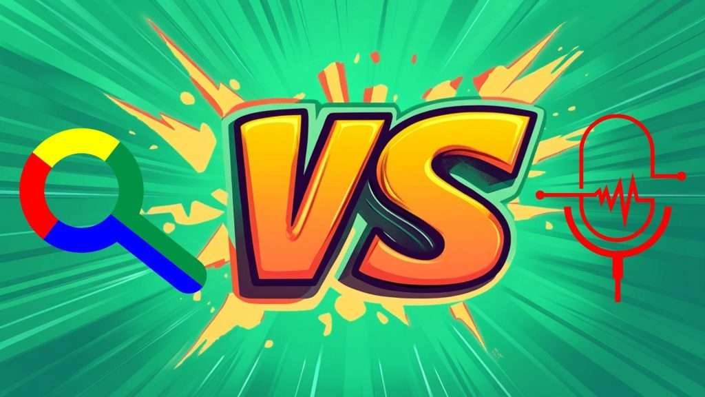 An image depicting the battle between Google and podcasting for search dominance in the future